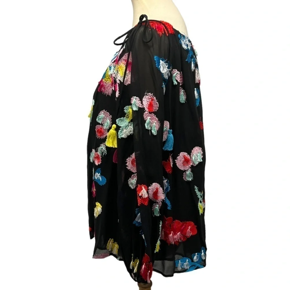 Tanya Taylor Georgette Tessa Black Silk Floral Embroidered Tassel Accent Top 8 - Picture 8 of 14